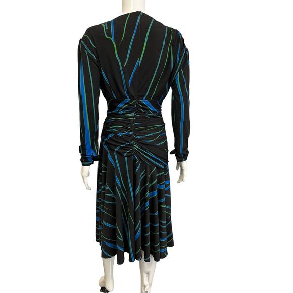 PREEN BY THORNTON BREGAZZI Black Multi Striped Stretch Crepe Midi Dress M - Picture 2 of 3